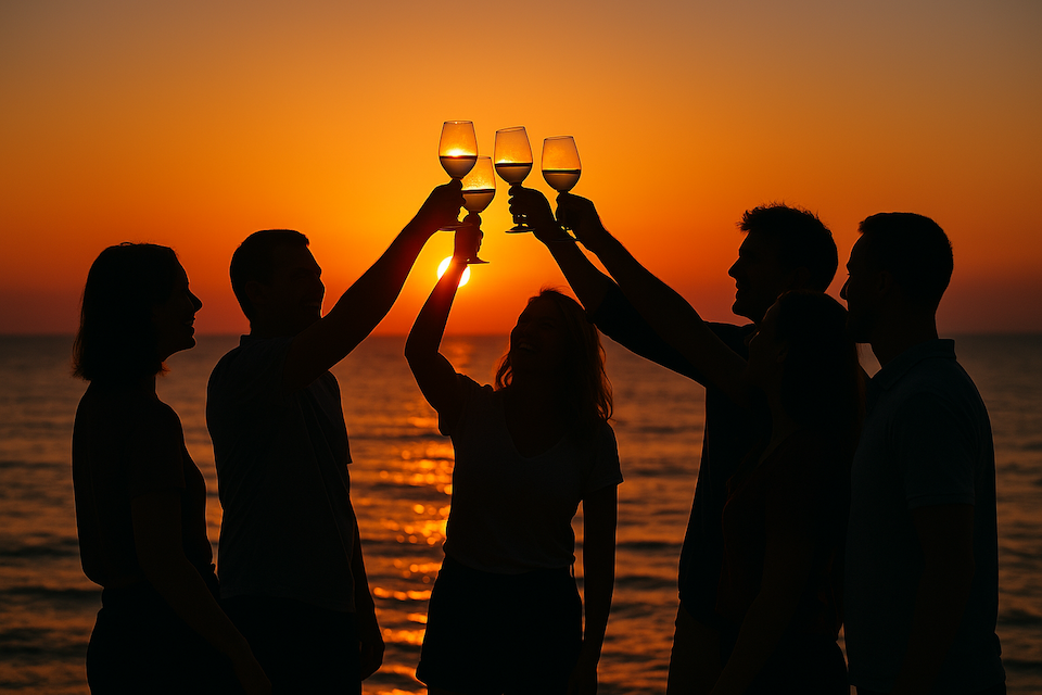 Silhouetted friends raising glasses in a celebratory toast at sunset by the sea.