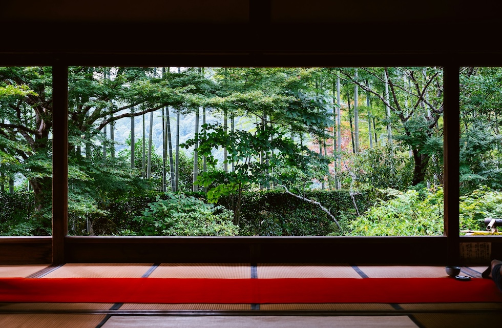 A traditional Japanese room with tatami flooring and a red carpet, overlooking a lush green garden through wide open windows.