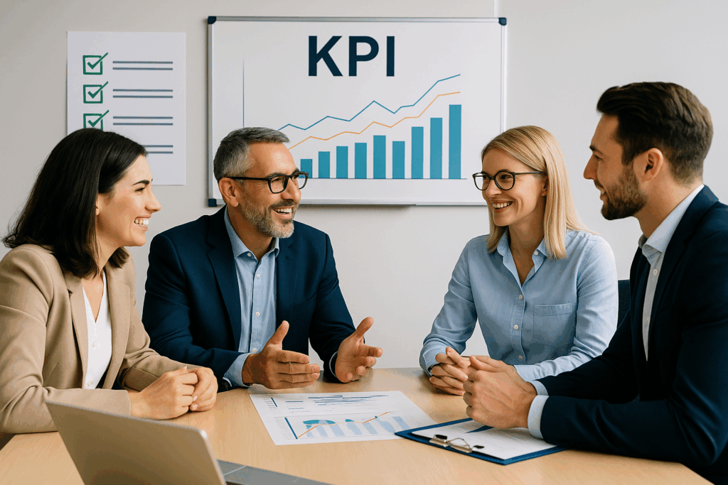 Business team discussing around a checklist and KPI board in a modern office.