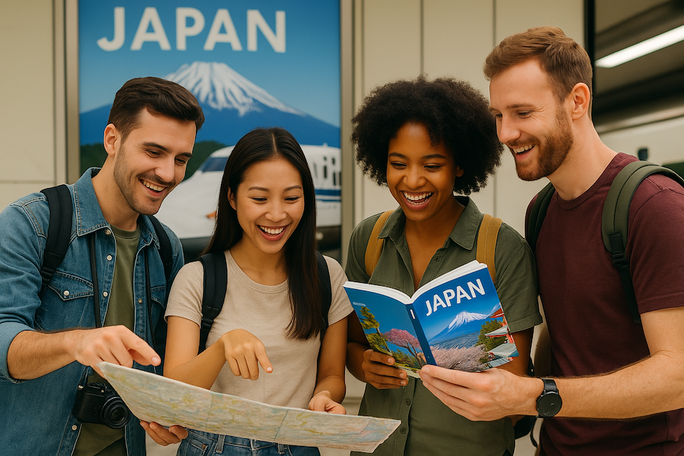 Diverse team planning a Japan trip with Mount Fuji and Shinkansen posters in the background.