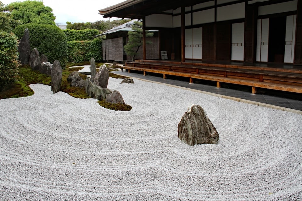 Japanese Zen rock garden with raked gravel and stones.