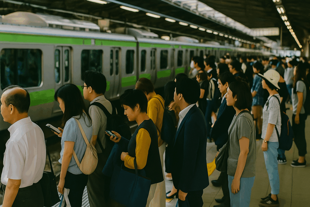 Japanese commuters waiting quietly on a train platform.