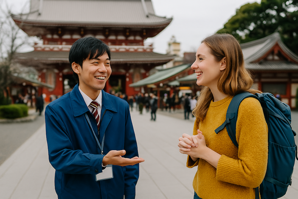Tourism staff assisting foreign visitors at a Japanese sightseeing spot.