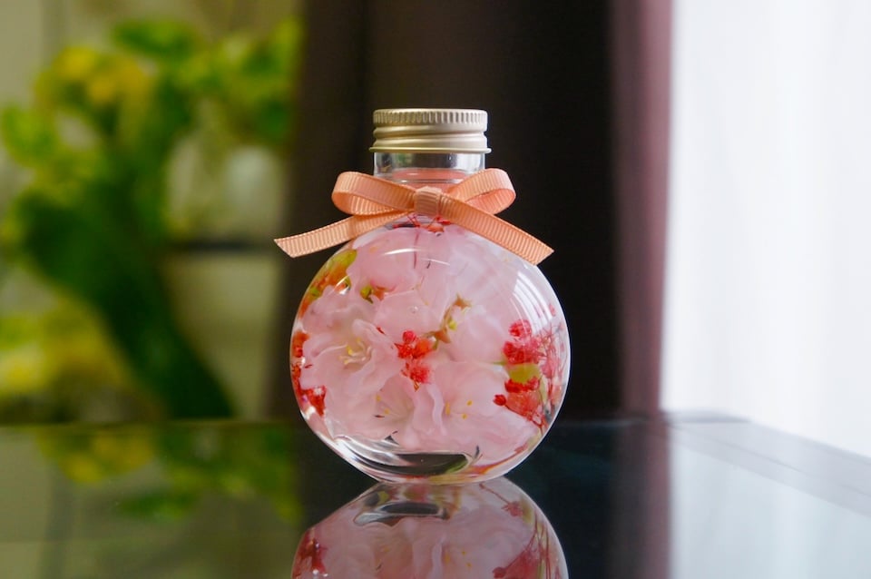 Sakura blossoms beautifully preserved in a bottle.
