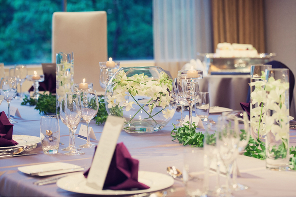 Elegant reception venue prepared for a corporate business event in Japan
