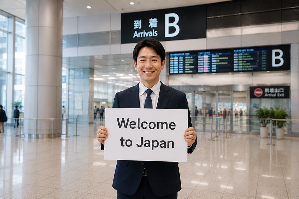 Japanese destination management company representative welcoming international business guests at Haneda Airport