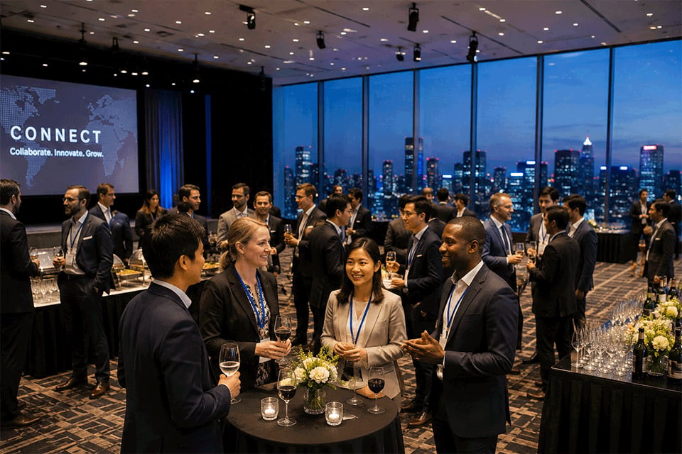 International guests networking at a corporate event in Tokyo