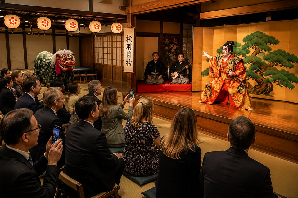 International corporate guests watching a Japanese cultural performance in Tokyo