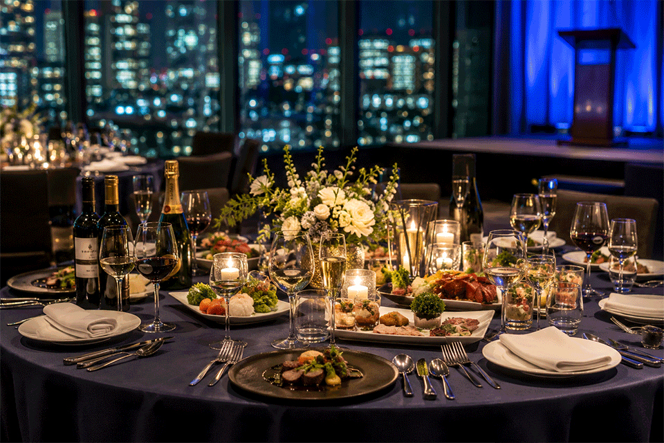 Banquet table with food and beverages prepared for a corporate event in Tokyo