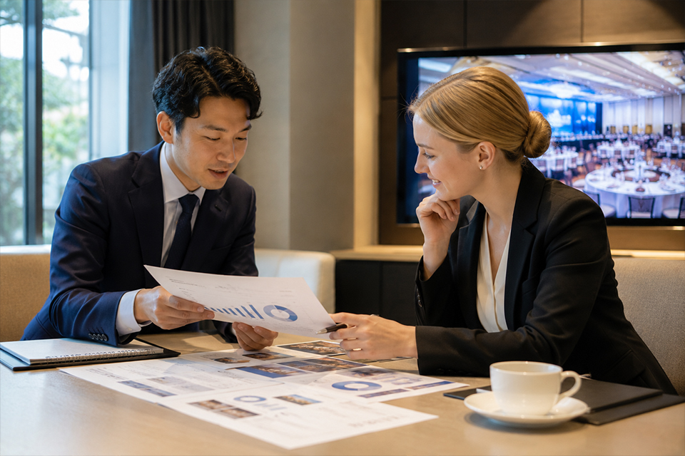 Event planner discussing a Tokyo corporate event proposal with a client