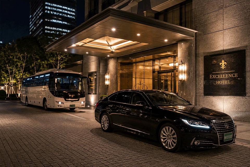 Chartered vehicle waiting outside a Tokyo hotel for corporate event transportation