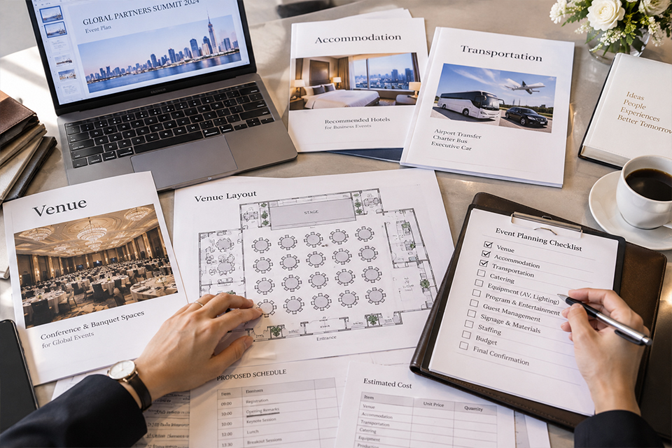 Corporate event planning materials for venue, accommodation, transportation, AV, and guest logistics in Japan