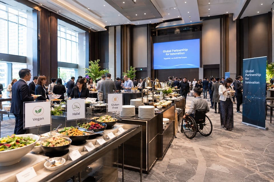 Corporate event buffet in Tokyo with vegan, halal and gluten-free options and wheelchair accessibility