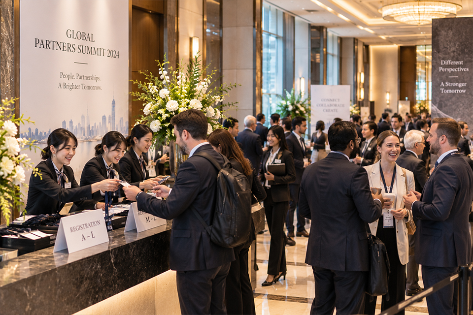 International corporate event guests arriving at a Tokyo venue during cherry blossom season