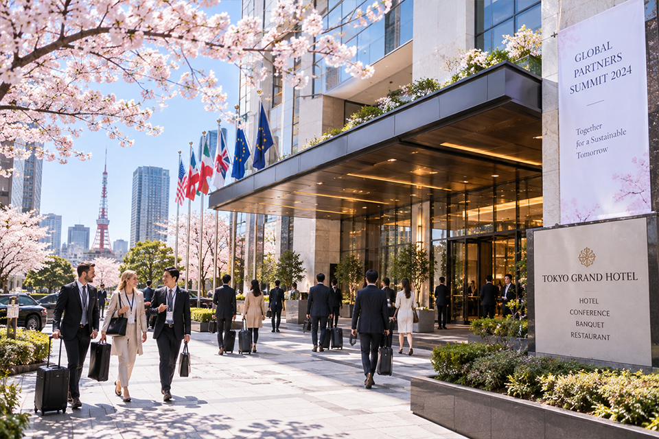 International corporate event guests arriving at a Tokyo venue during cherry blossom season