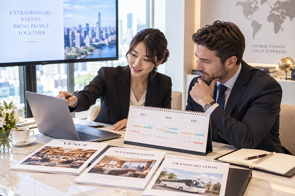 Corporate event planners reviewing a three-month planning timeline, venue, accommodation, and transportation in Japan