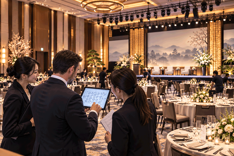 Event planners reviewing a gala dinner venue setup in Tokyo