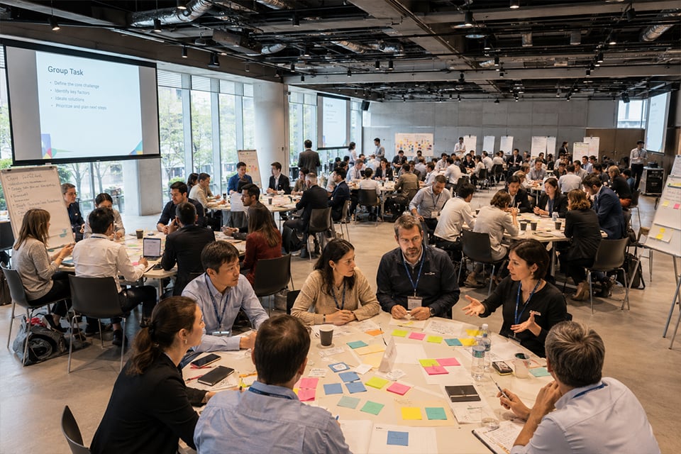 alt
Large corporate group participating in an indoor problem-solving workshop in Tokyo
