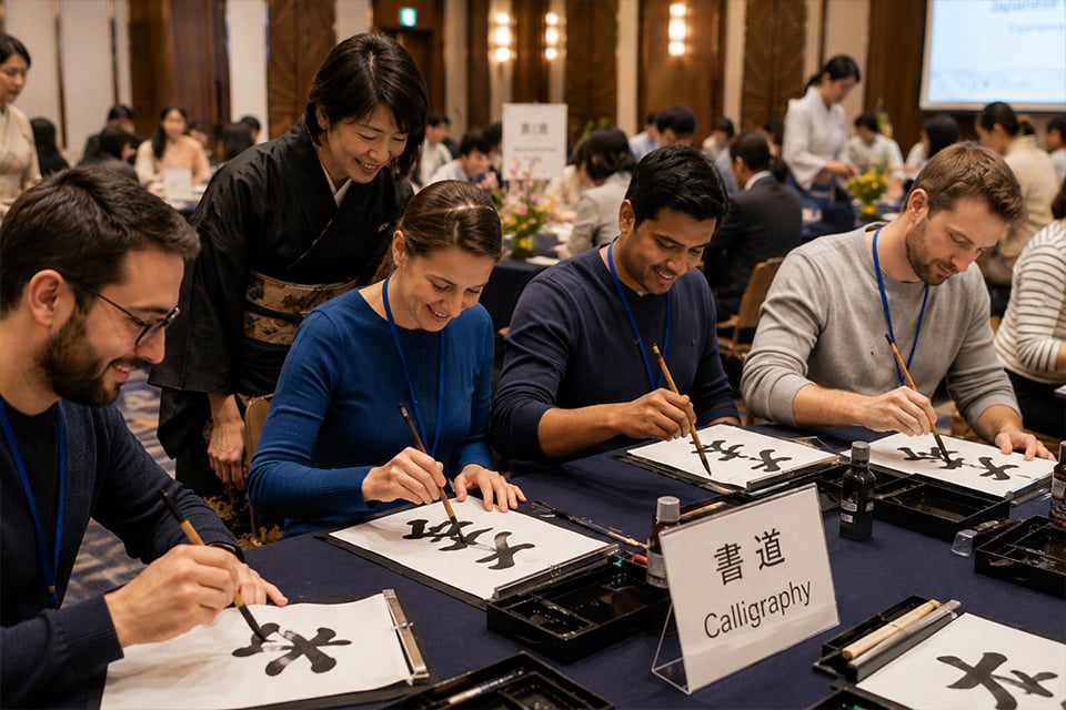 International corporate team participating in a Japanese calligraphy workshop in Tokyo