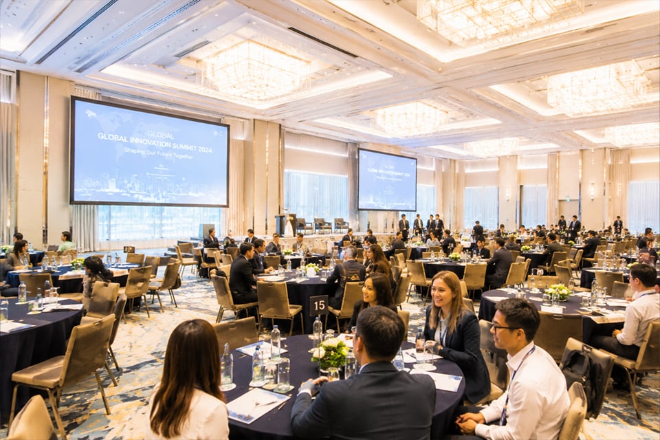 Large corporate event venue in Tokyo set up for more than 100 participants