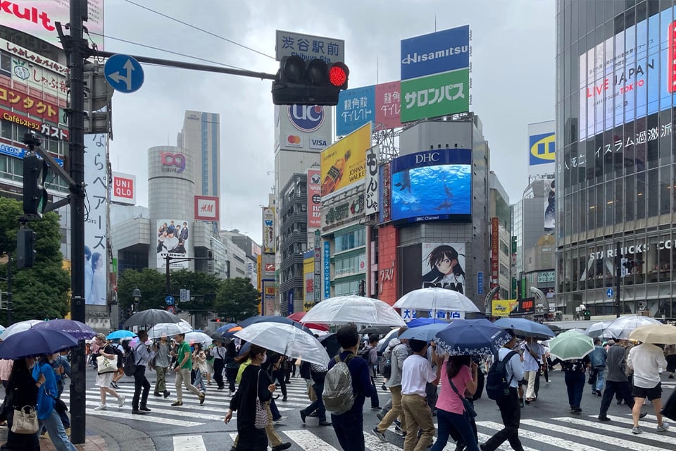 Shibuya crossing on a rainy day illustrating weather contingency planning for Tokyo team building