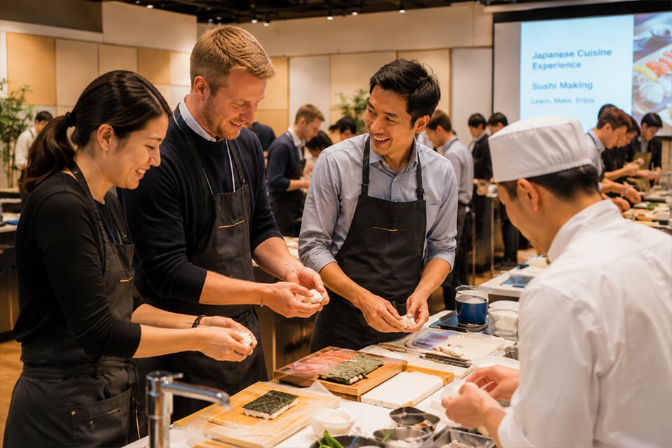 International corporate team enjoying a sushi-making team building experience in Tokyo