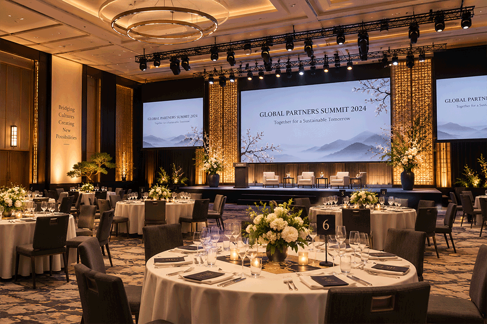 Gala dinner venue in Tokyo set up for 300 guests