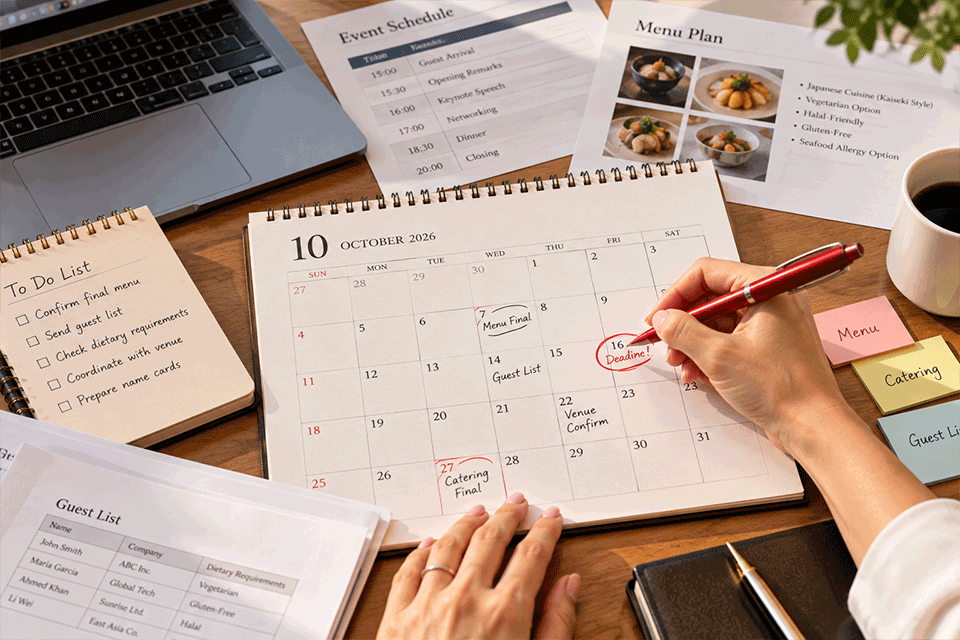 Calendar and checklist for planning corporate event menus and dietary requirements in Japan