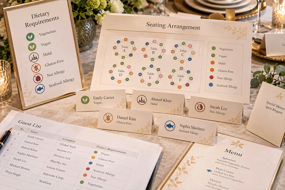 Seating plan and guest cards organized by dietary requirements for a corporate event
