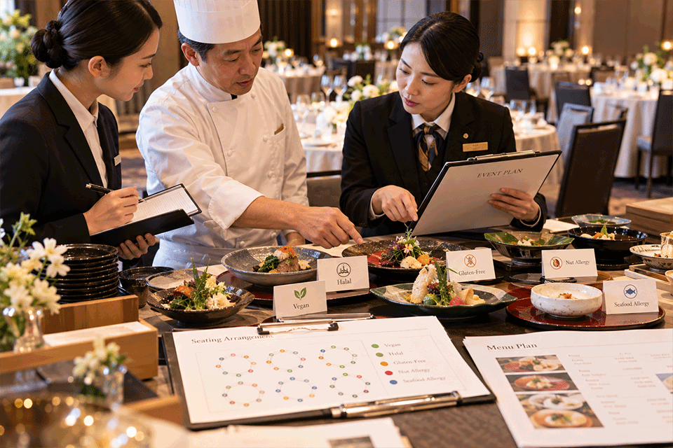 Hotel staff and chef reviewing dietary requirements for an international event in Japan