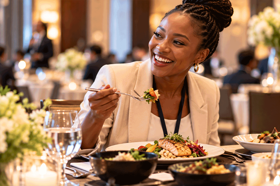 International corporate guest enjoying a dietary-friendly meal at an event in Japan