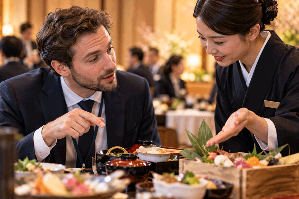 International guest being served Japanese cuisine at a corporate event in Japan
