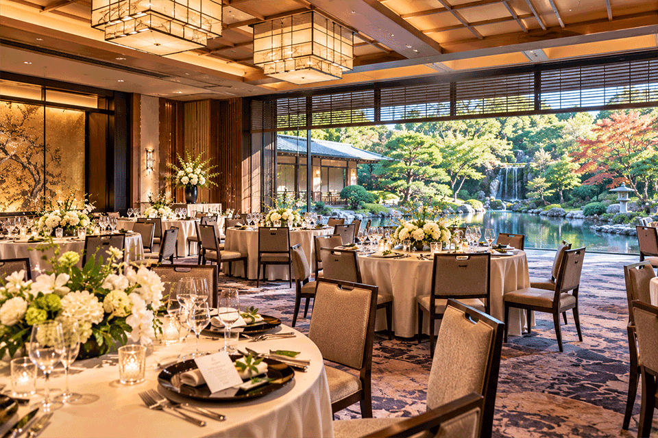 Japanese-style corporate event venue overlooking a traditional garden