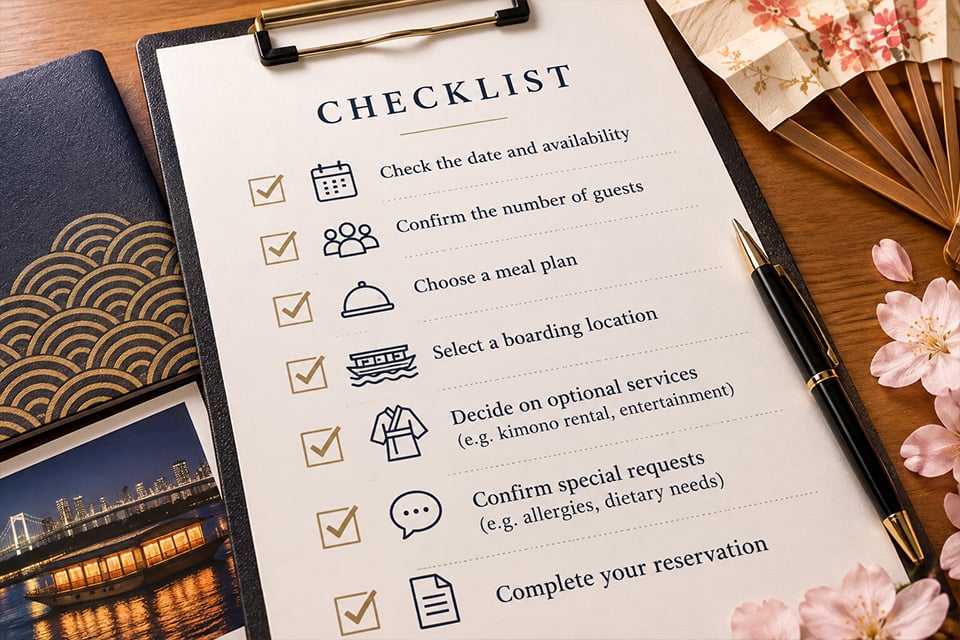 Booking checklist for a private geisha dinner with reservation details, guest requirements and traditional Japanese decorations