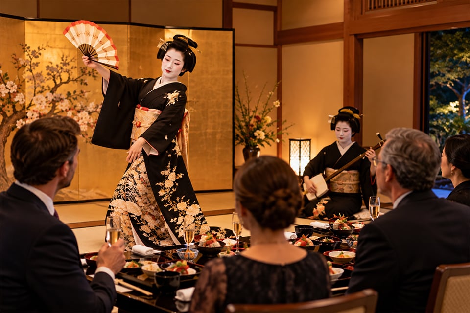 Comparison of a Tokyo geisha serving sake and Kyoto maiko and geiko wearing traditional kimonos