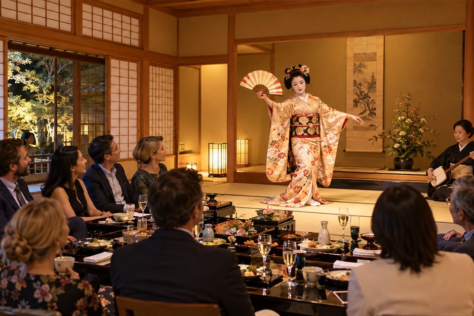 Geisha performing a traditional fan dance for international business guests during a private Japanese dinner