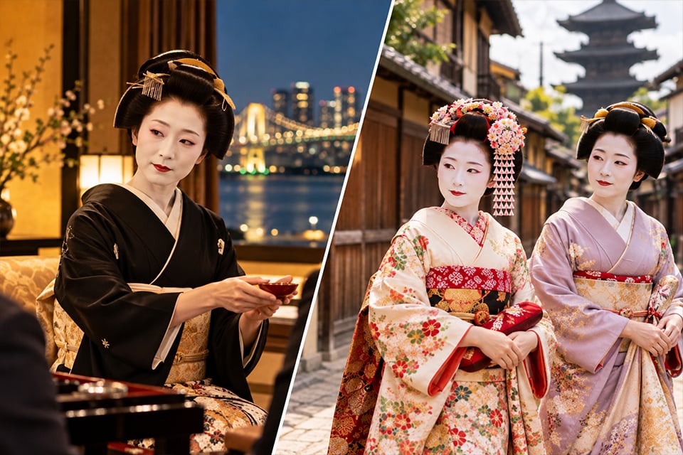 Geisha wearing an elegant green kimono in a traditional Japanese room in Kyoto's Kamishichiken district